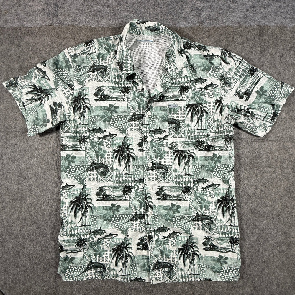 Columbia PFG Fishing Shirt Mens Small Green Tropical Marlin Short Sleeve Button
